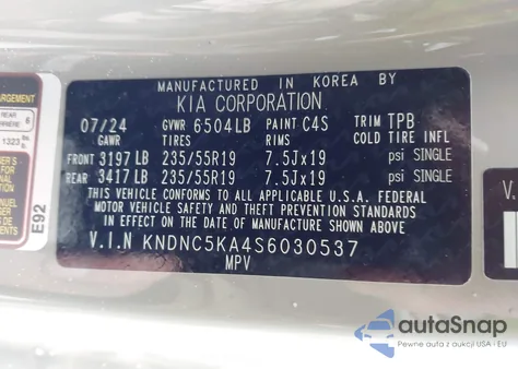 2025 Kia Carnival Mpv Hybrid Ex из США, поврежденный, VIN KNDNC5KA4S6030537